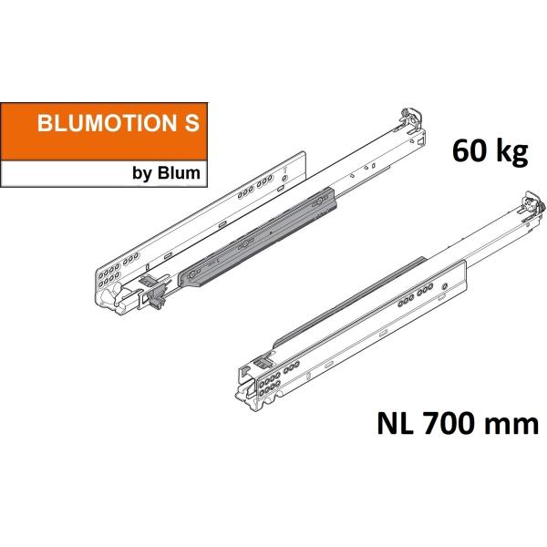 MOVENTO mit BLUMOTION S, Vollauszug für Holzschubkasten, 60 kg, NL=700mm, ohne Kupplungen, für TIP-ON-Blumotion, 766H7000S